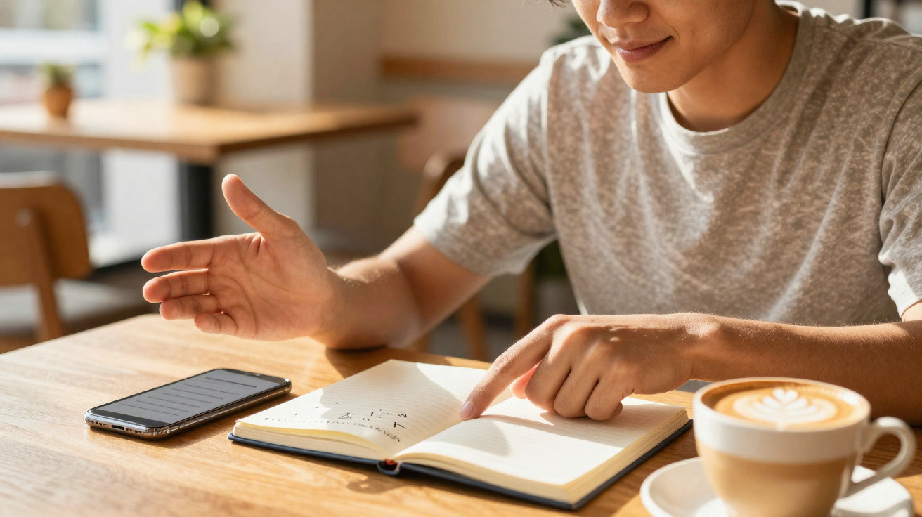 Duas pessoas discutindo e apontando para anotações em caderno sobre mesa com celular e café.
