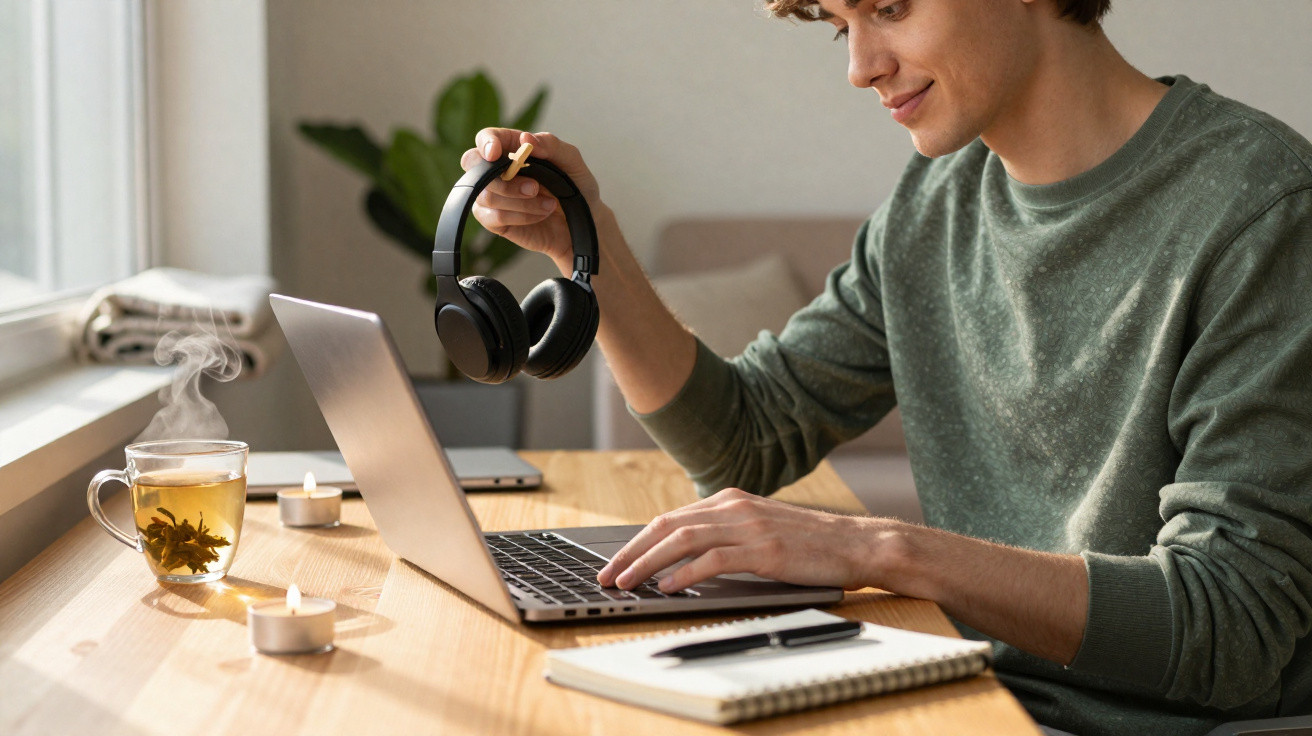 Jovem sorridente usando laptop, segurando fone de ouvido, com chá e caderno na mesa em ambiente interno.