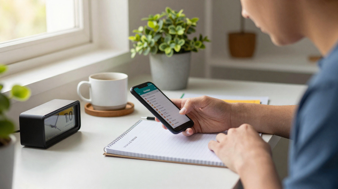 Pessoa usando smartphone com aplicativo de tarefas, ao lado de caderno, xícara de café e plantas na mesa.