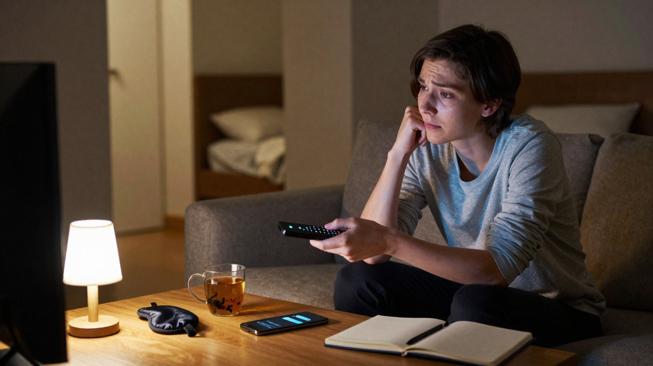 Homem sentado no sofá à noite, segurando controle remoto e olhando TV com expressão preocupada.