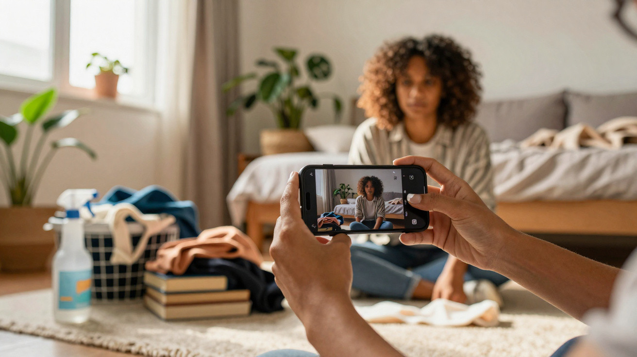 Jovem sentada no chão do quarto assistindo algo no celular, com cesto de roupas e produtos de limpeza ao lado.