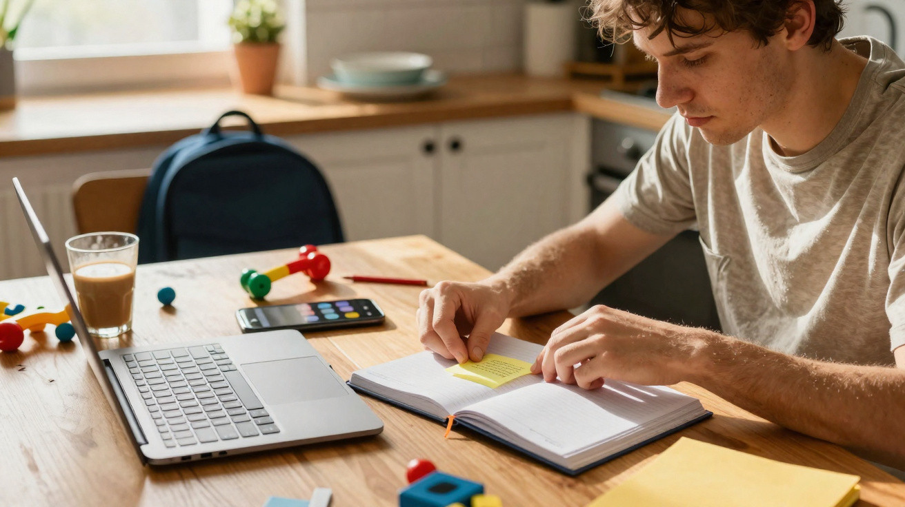 Pessoa trabalhando em mesa com laptop, caderno, celular, copo de café e brinquedo colorido na cozinha.