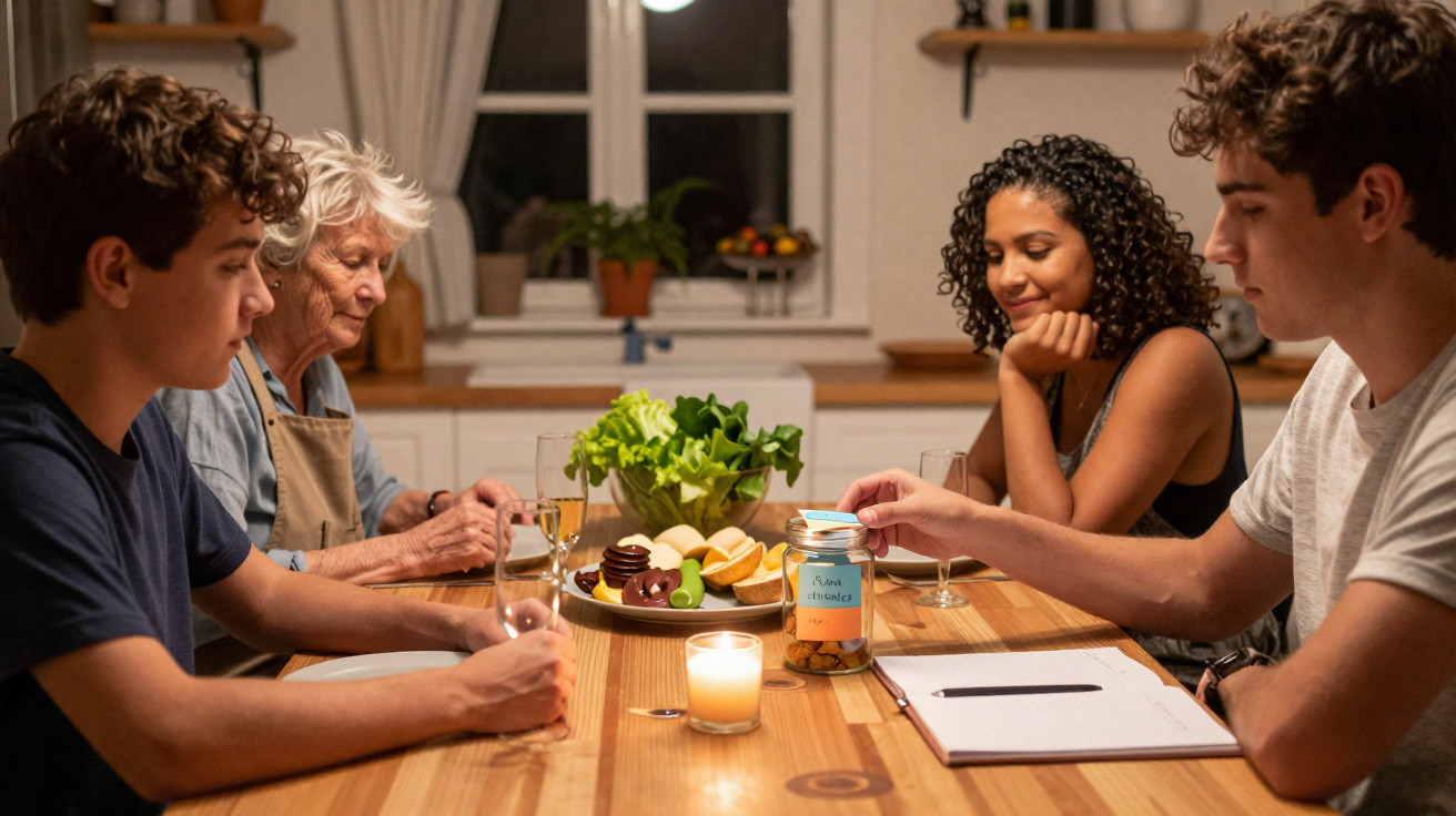 Família reunida à mesa, lendo recados e escrevendo em um caderno durante jantar acolhedor.