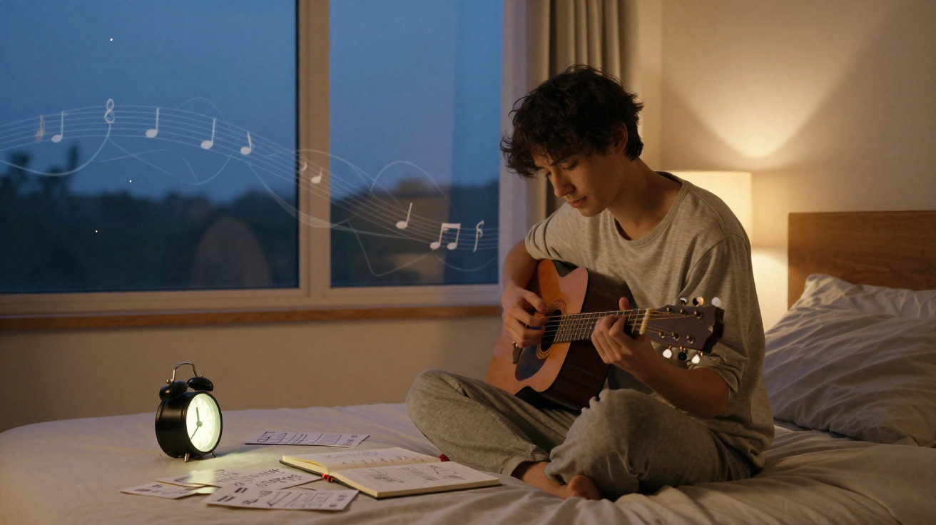 Jovem tocando violão sentado na cama à noite com partituras espalhadas ao redor e notas musicais flutuando.