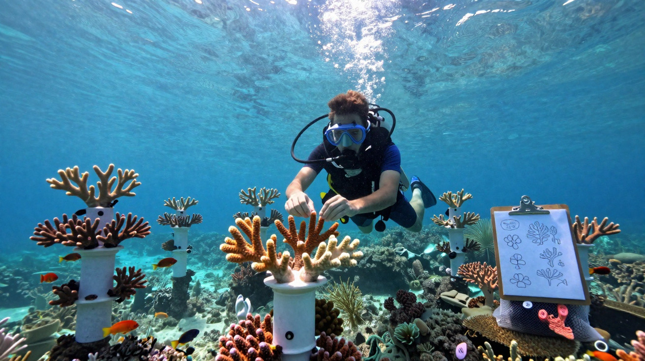 Mergulhador com equipamento cuidando de corais em estrutura submersa transparente no oceano.