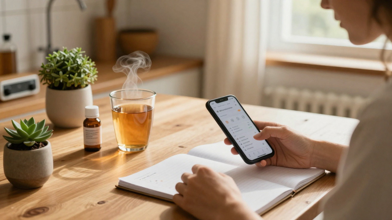 Pessoa segurando celular aberto na tela de calendário, com caderno, xícara de chá e planta sobre mesa de madeira.