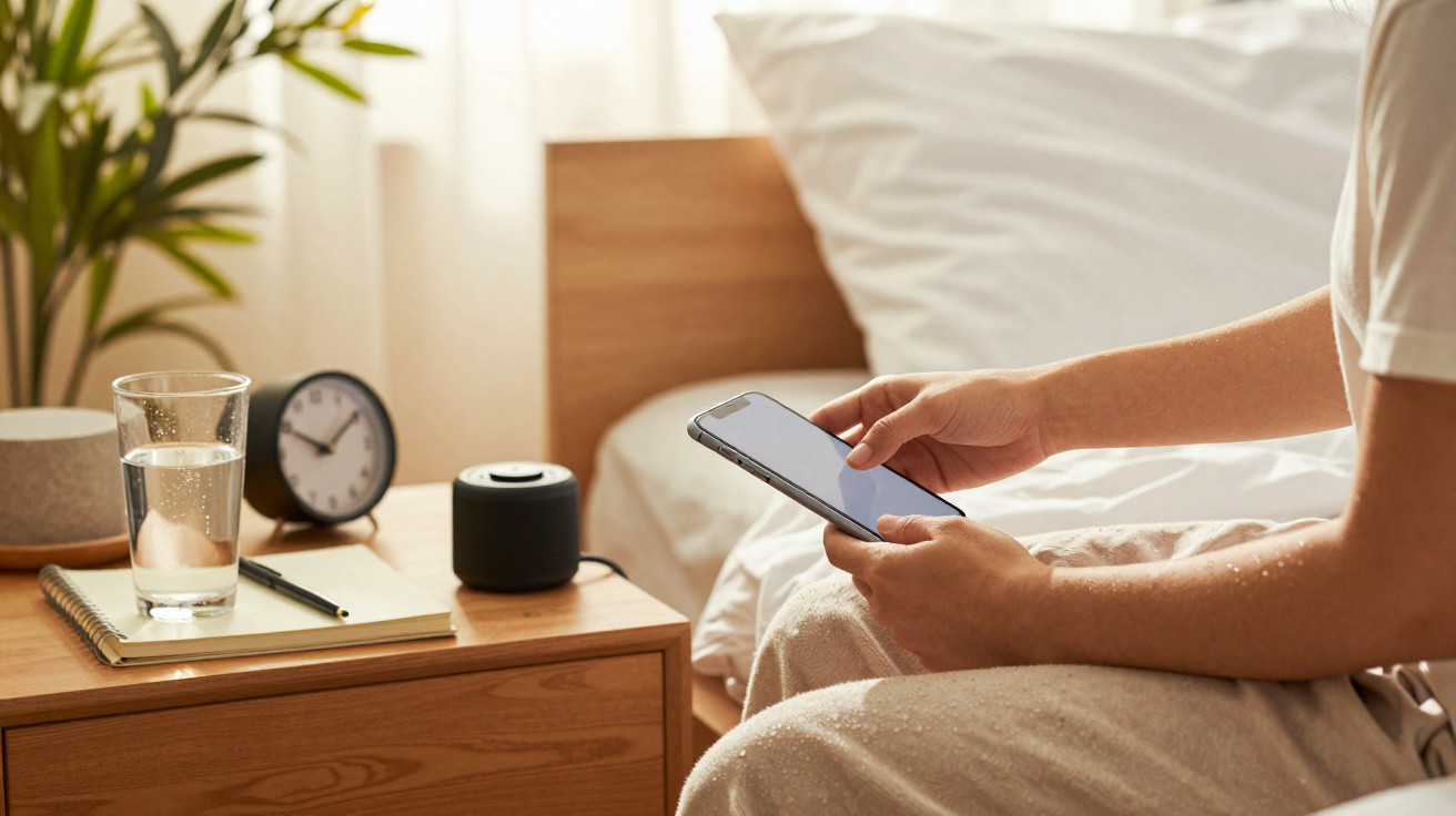 Pessoa usando celular sentada na cama, com vidro de água, relógio e caderno em mesa ao lado.