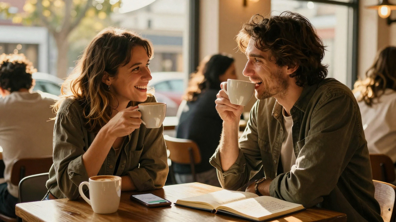 Casal conversando e tomando café em mesa de cafeteria iluminada pela luz natural.