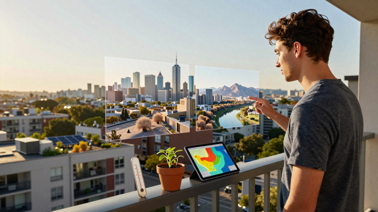 Jovem interage com hologramas de ecossistemas enquanto usa tablet em varanda com vista urbana.