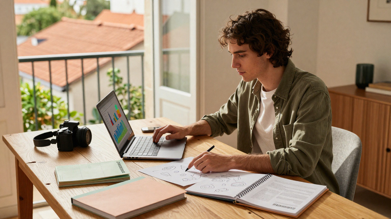 Jovem sentado à mesa usando laptop, com câmera, caderno e papéis de desenhos e gráficos ao redor.