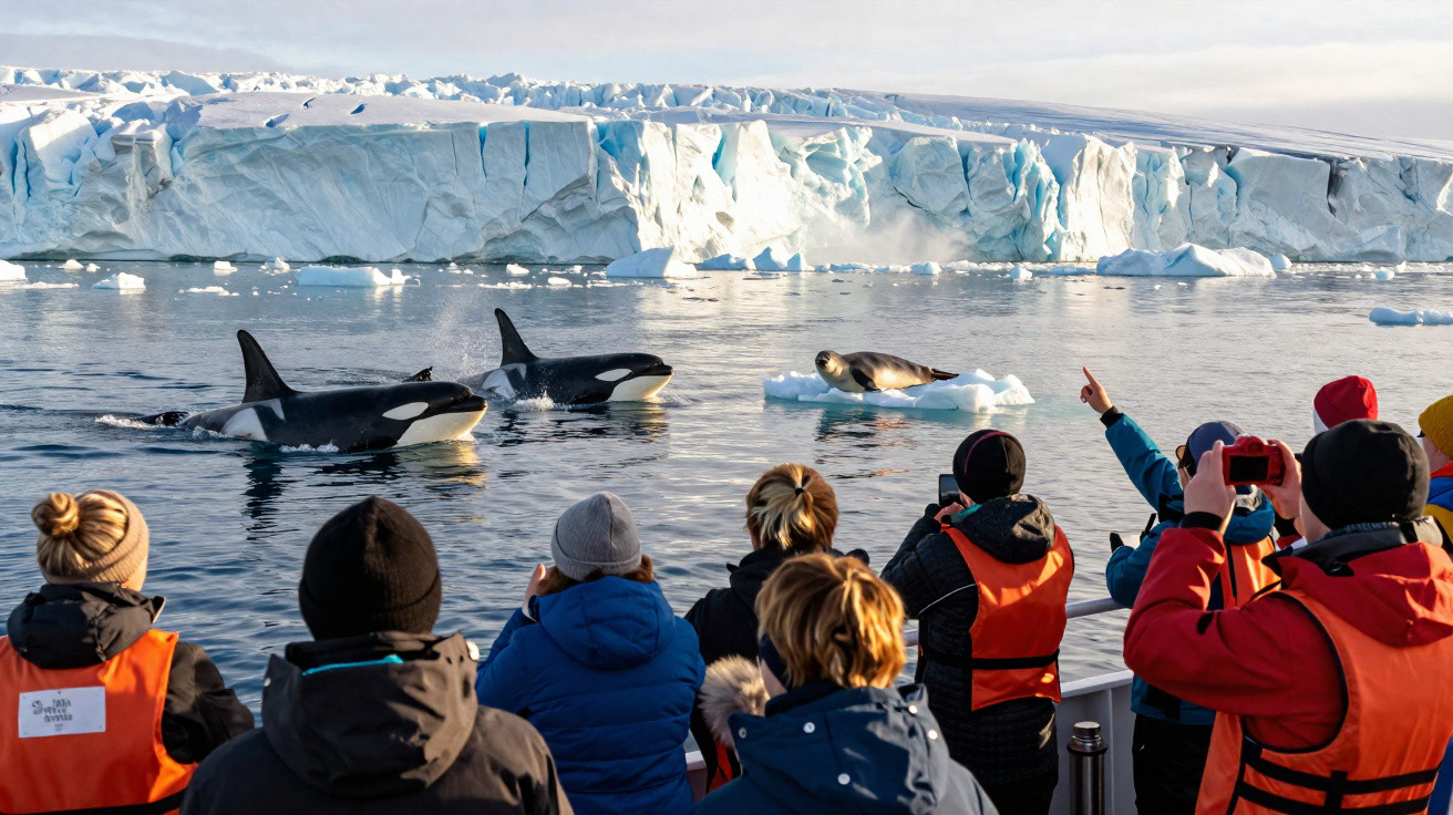 Turistas observam orcas e uma foca sobre um bloco de gelo em águas geladas próximas a uma geleira.