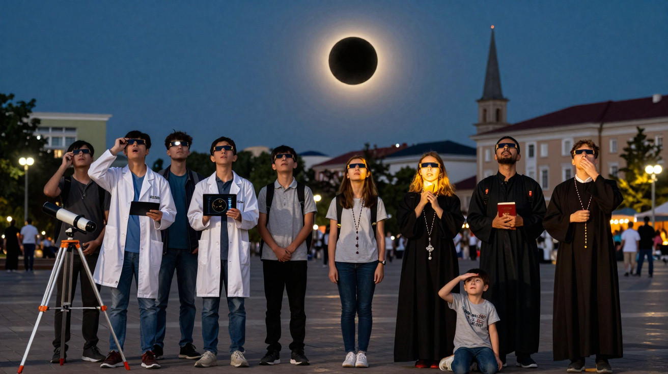 Grupo de pessoas usando óculos especiais para observar eclipse solar total ao entardecer em praça pública.