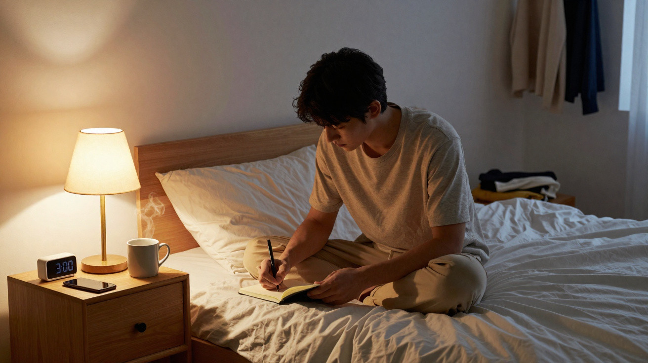 Homem sentado na cama escrevendo em caderno com abajur aceso ao fundo em quarto aconchegante.