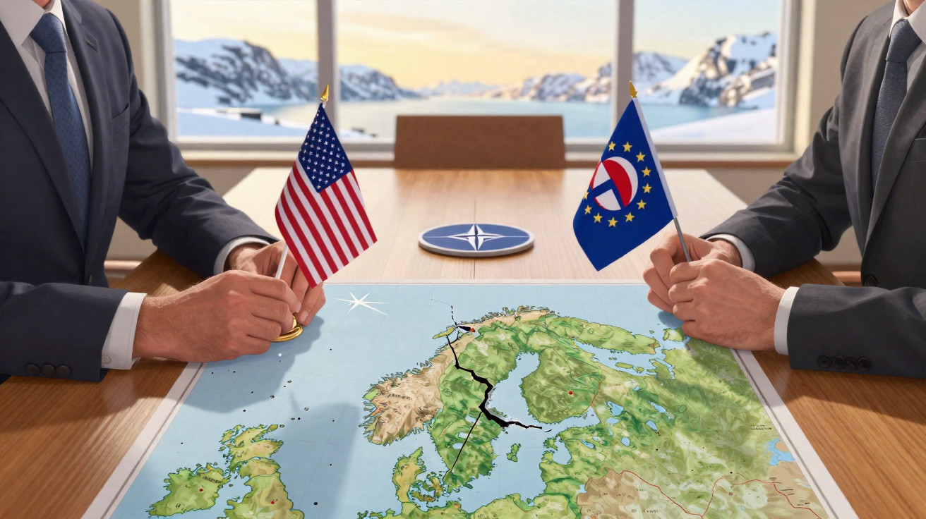 Dois homens de terno seguram as bandeiras dos EUA e da OTAN sobre um mapa da Europa com uma rachadura sobre a Escandinávia.