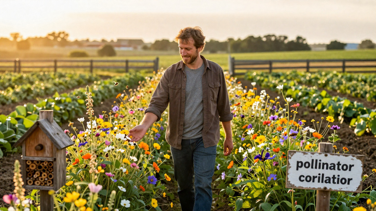 Homem com chapéu caminha e toca flores em campo florido na fazenda ao amanhecer.