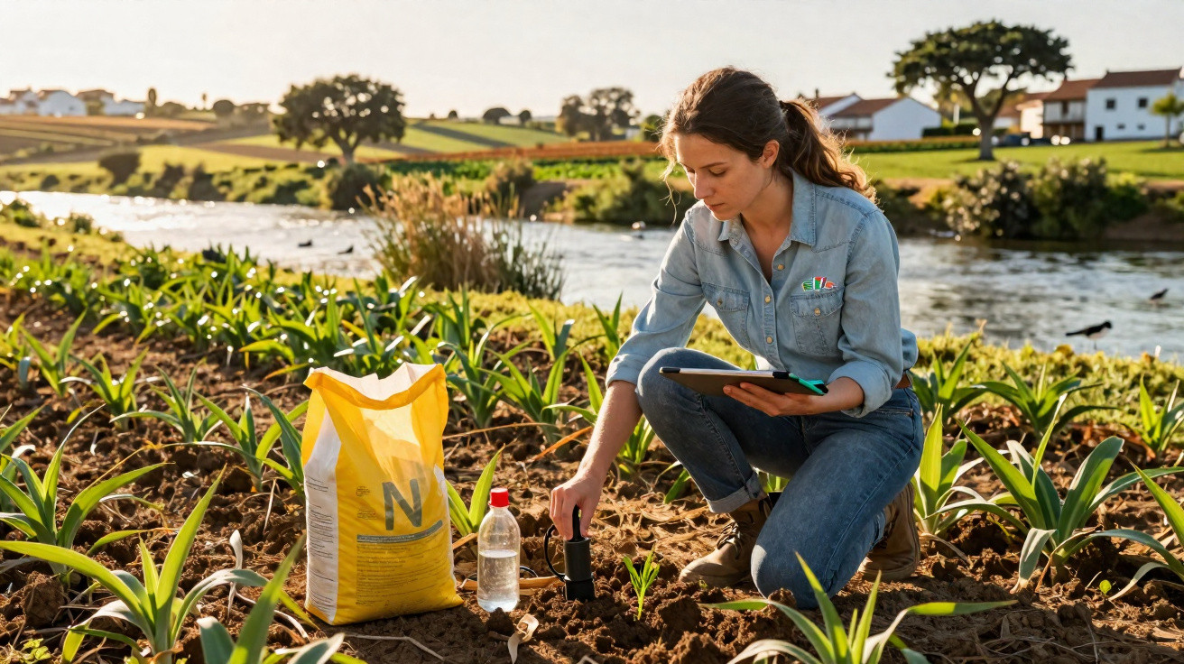 Mulher usando tablet monitora plantas com aparelho em horta próxima a rio, com saco de fertilizante ao lado.