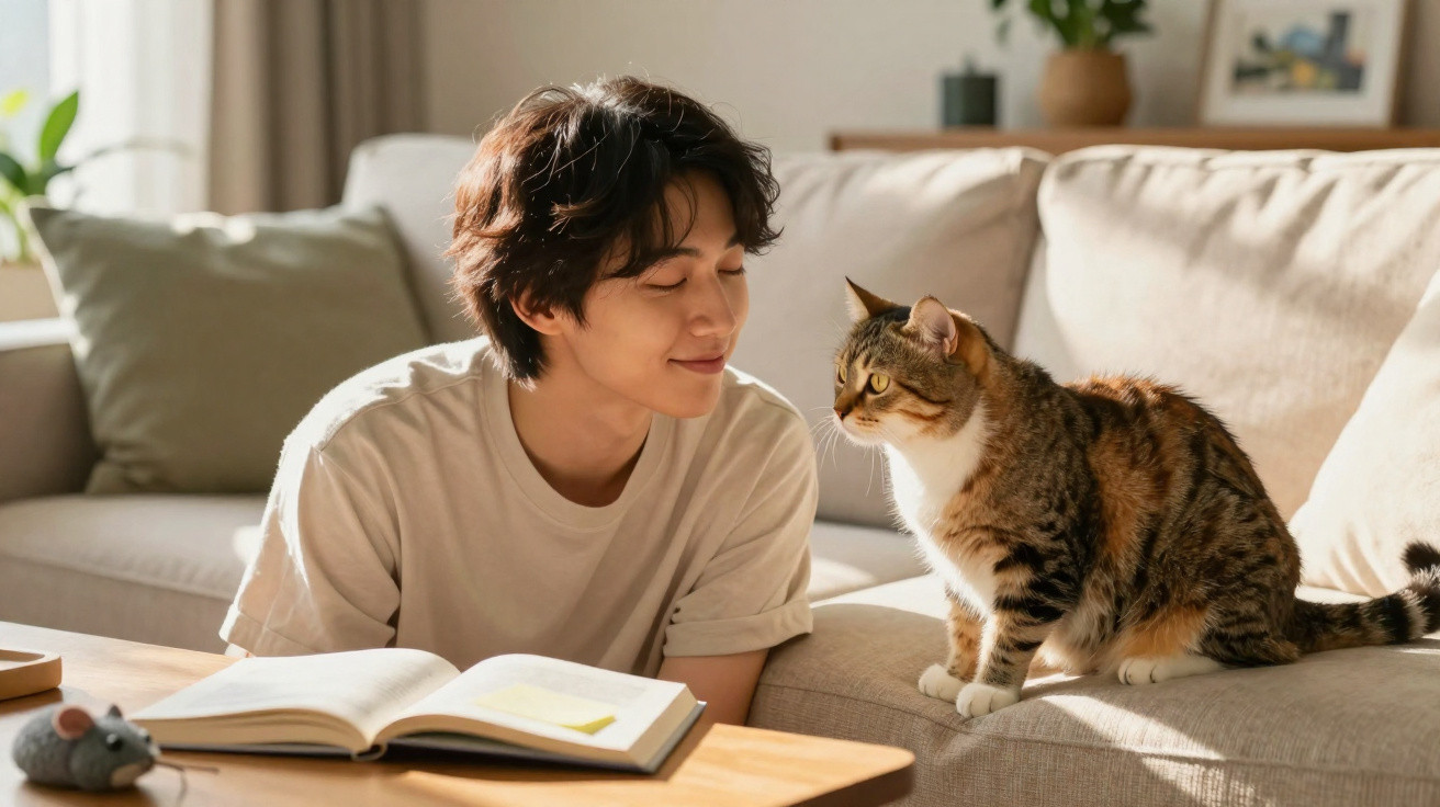 Jovem acariciando gato sobre mesa com livro aberto em sala iluminada e plantas ao fundo.