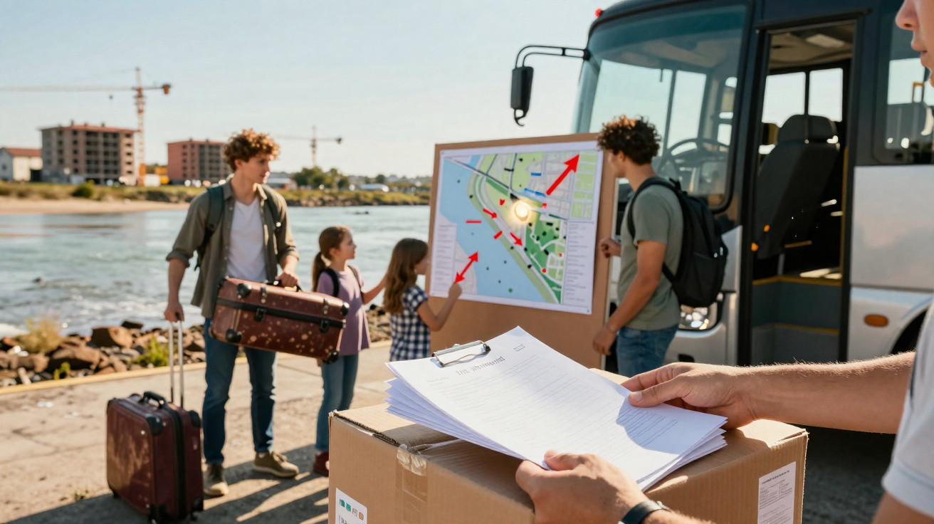 Pessoas com malas próximas a ônibus, mapa com rotas ao fundo e pessoa segurando papeis em caixa.