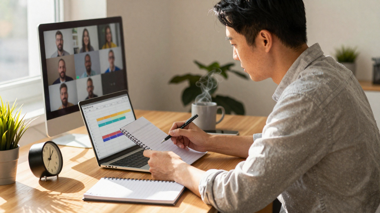 Pessoa escrevendo em agenda com computador e monitor mostrando reunião virtual no fundo.