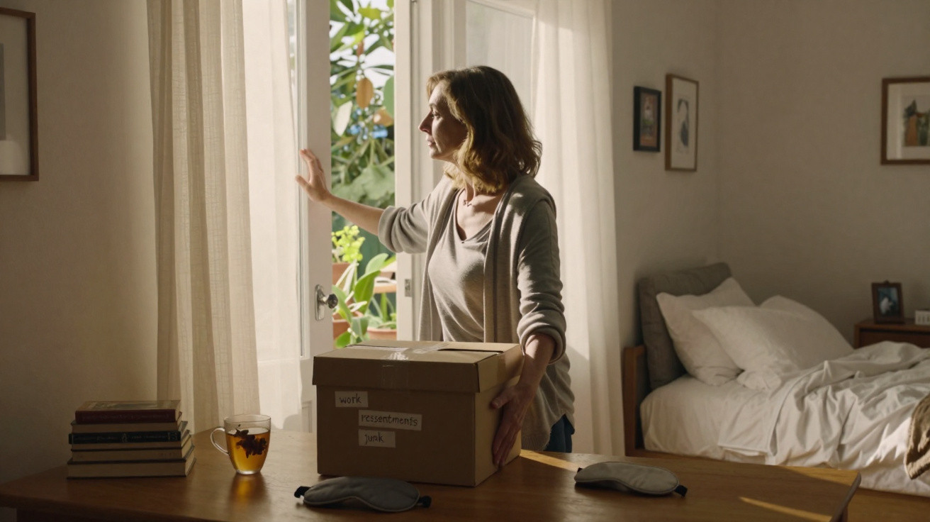 Mulher loira segura caixa e abre a cortina em quarto iluminado, com cama e plantas ao fundo.