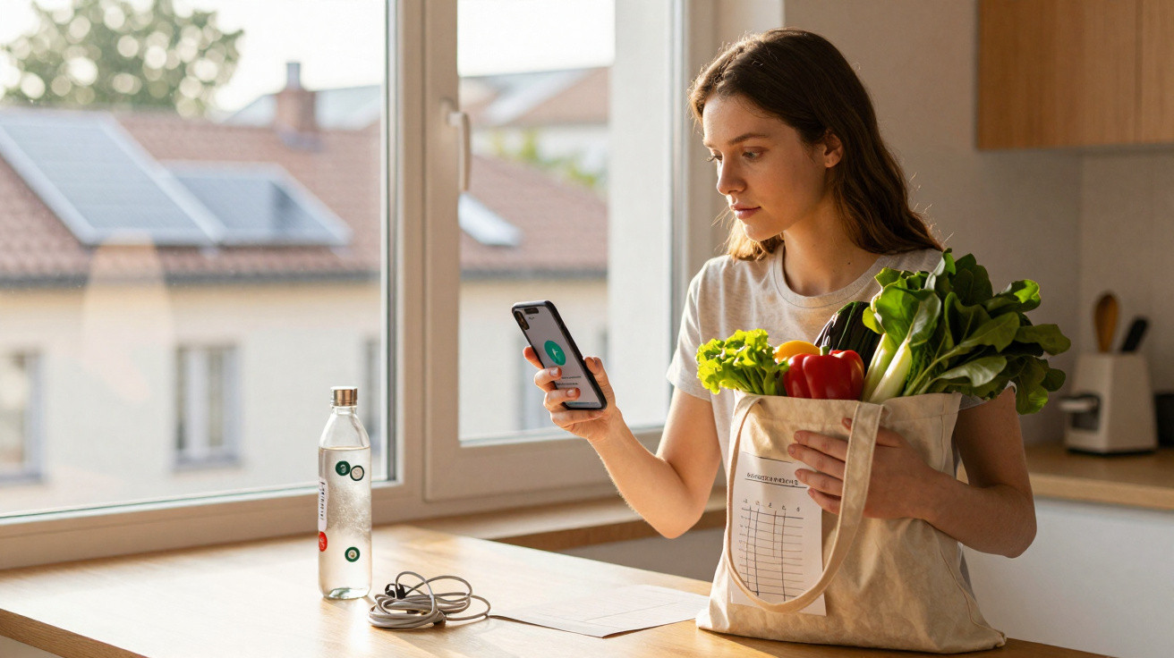 Jovem mulher em cozinha olhando para celular com saco de compras cheio de legumes na mesa.