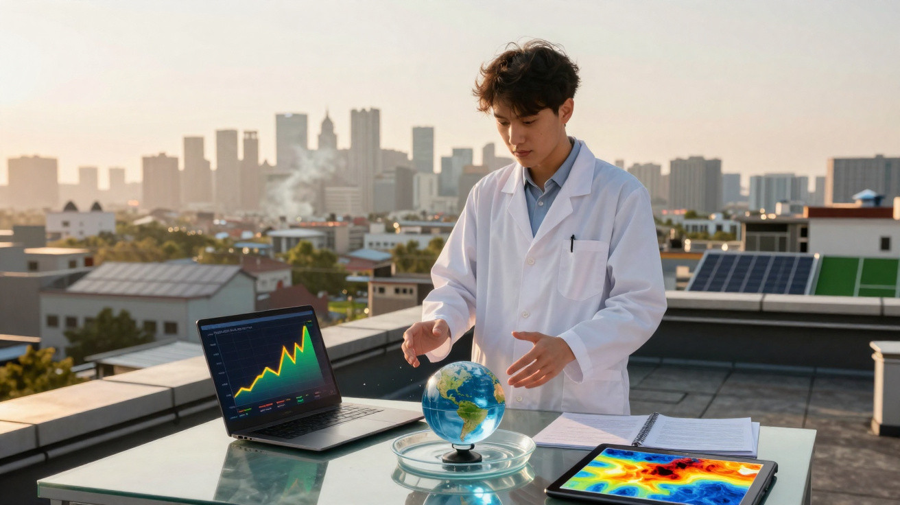 Jovem cientista em jaleco analisa globo terrestre em mesa com laptop e mapas em área externa urbana.