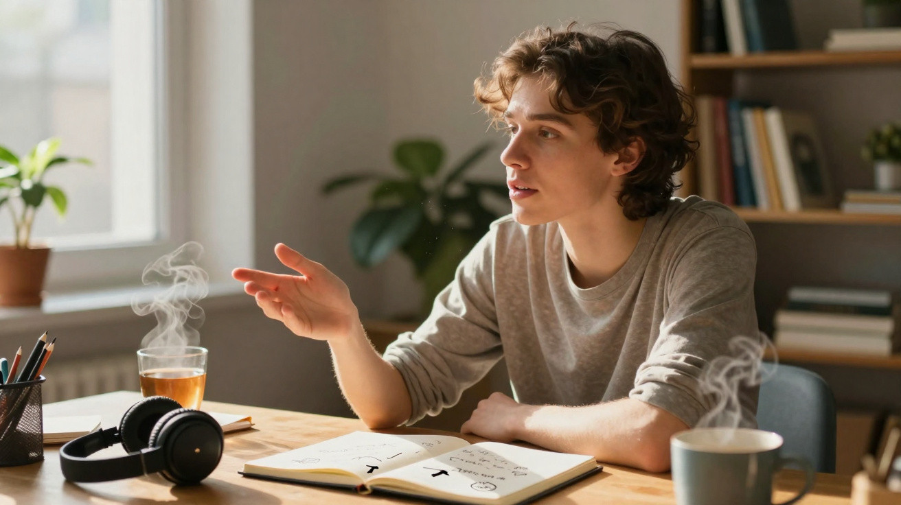 Jovem falando sentado à mesa com livro aberto, fones de ouvido e xícara de chá com vapor.
