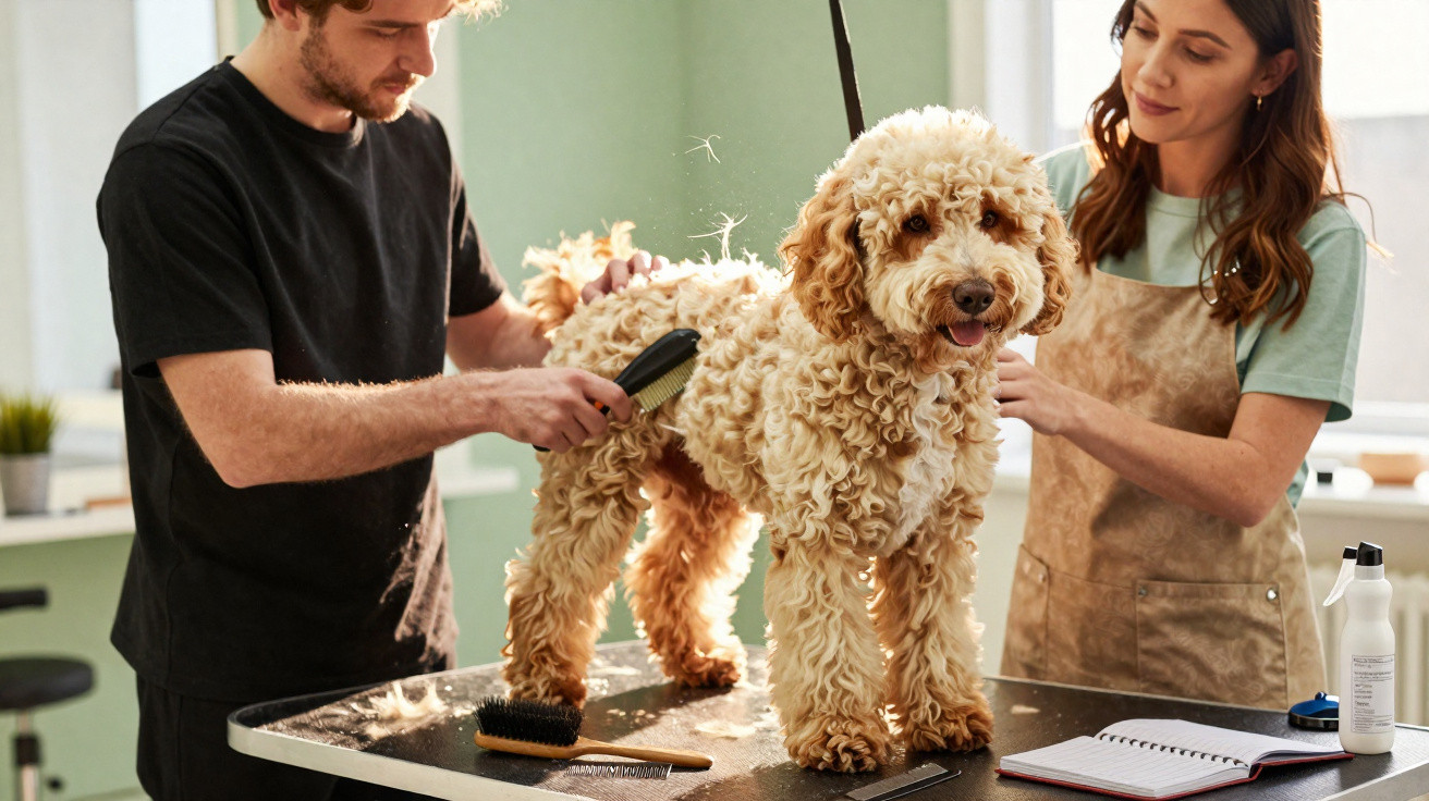Homem e mulher escovam e arrumam cachorro grande de pelo encaracolado em mesa de tosa.