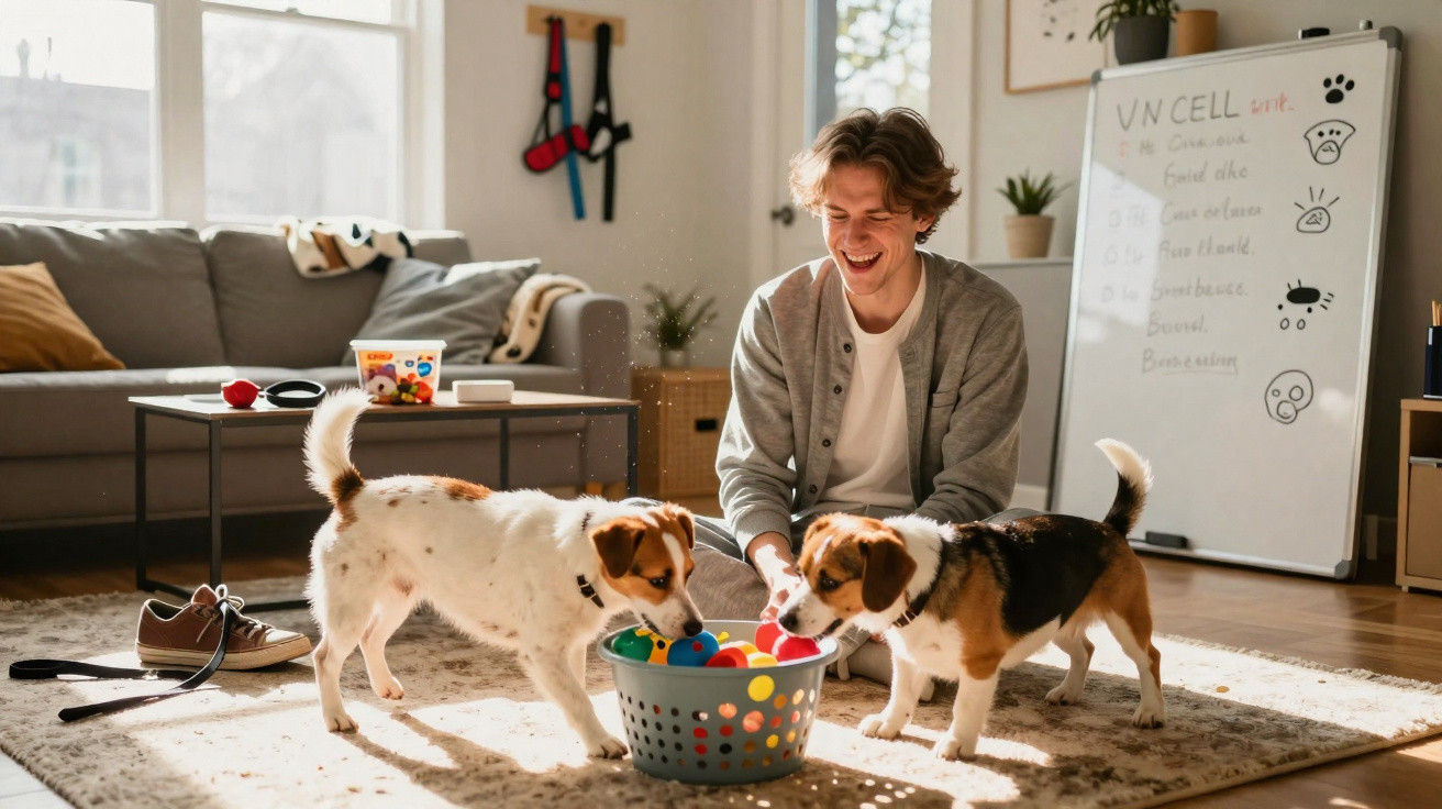 Homem sorridente sentado no chão brincando com cachorro perto de brinquedos coloridos dentro de casa.