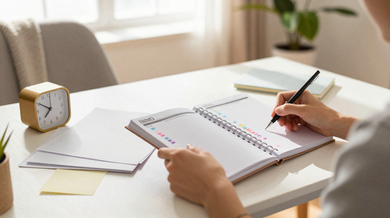 Pessoa escrevendo em caderno sobre mesa com relógio, xícara de café e post-its em ambiente iluminado