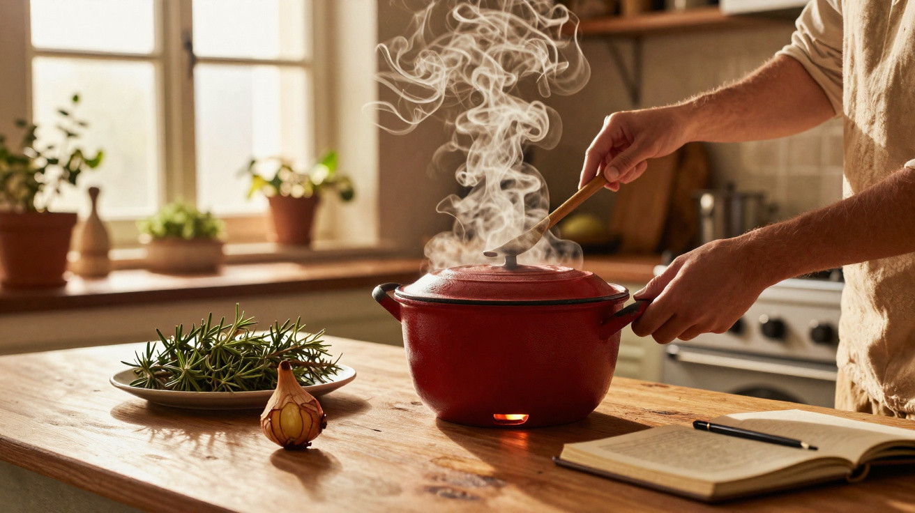 Pessoa mexendo com colher de pau em panela vermelha fumegante na cozinha com livro aberto e temperos.
