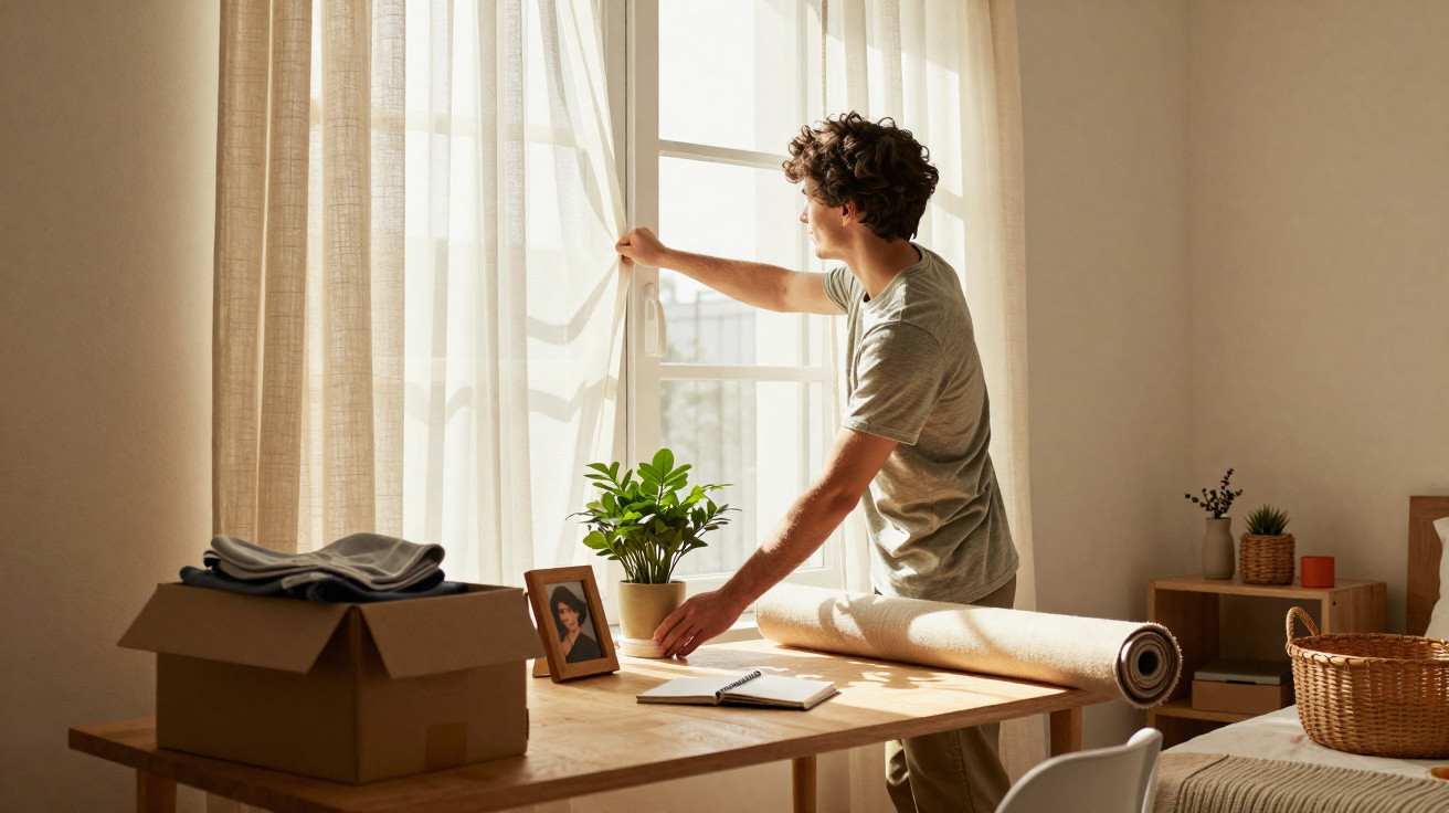Homem abrindo cortina em quarto iluminado com mesa, planta, foto e cesto de vime ao lado.