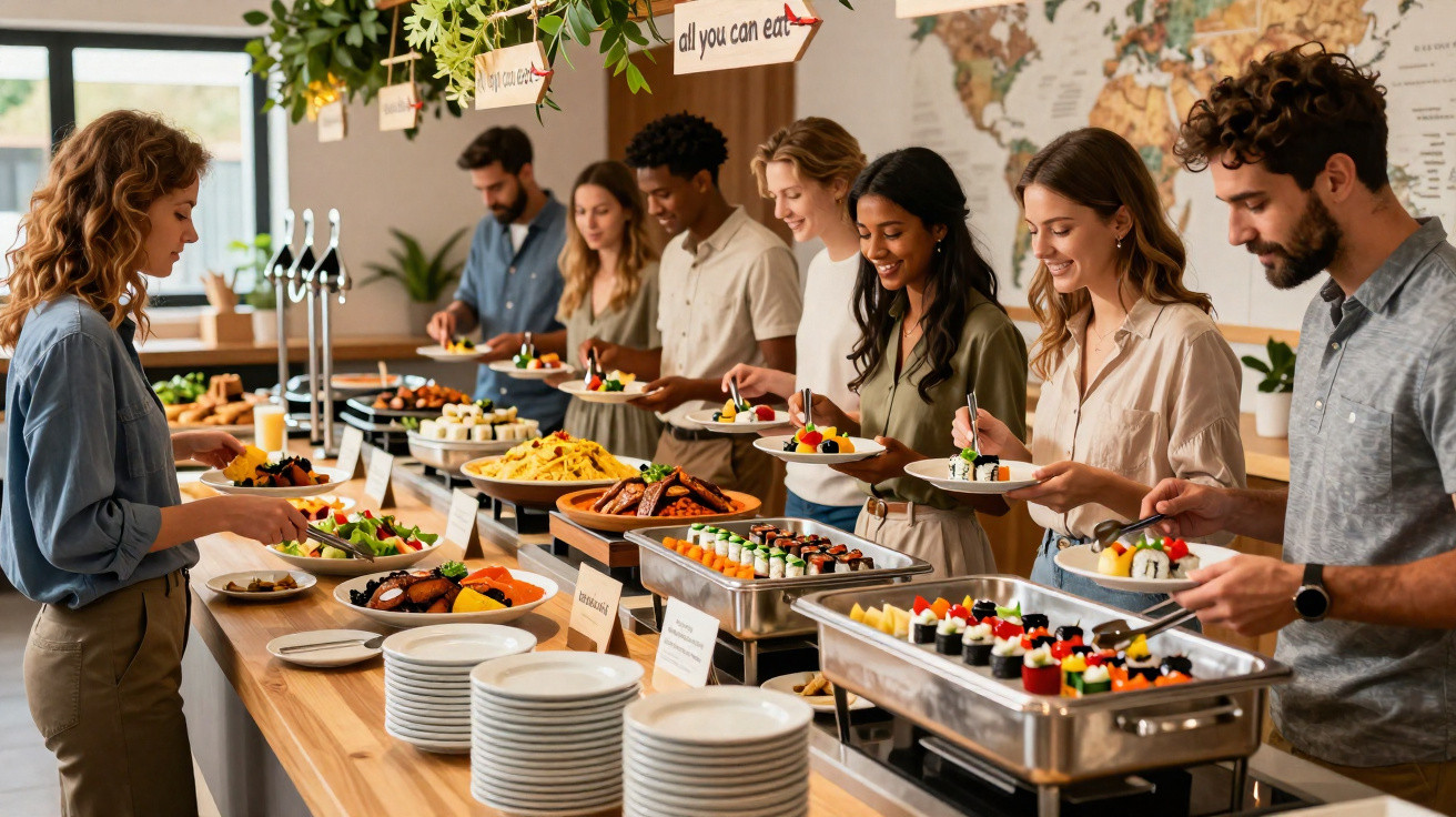 Pessoas servindo-se em buffet com diversas opções de alimentos em ambiente iluminado e decorado.