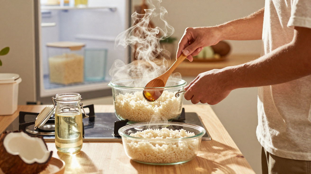Pessoa mexendo arroz quente em panela de vidro na cozinha com garrafa de óleo ao lado