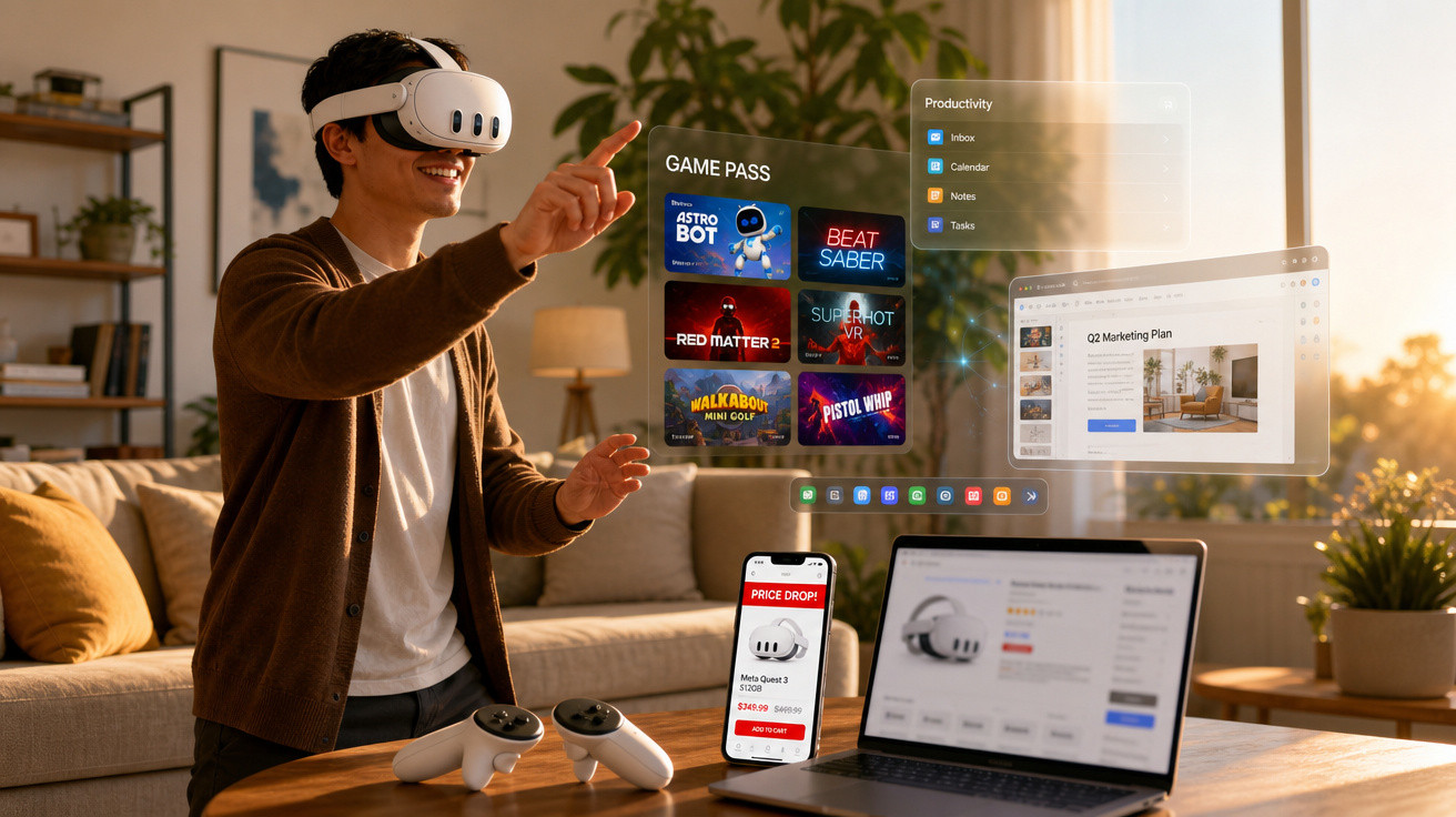 Homem com óculos de realidade virtual interage com interface digital em sala de estar iluminada.