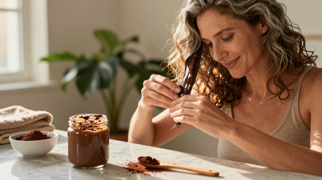 Mulher aplicando máscara de chocolate no cabelo em ambiente claro e relaxante.