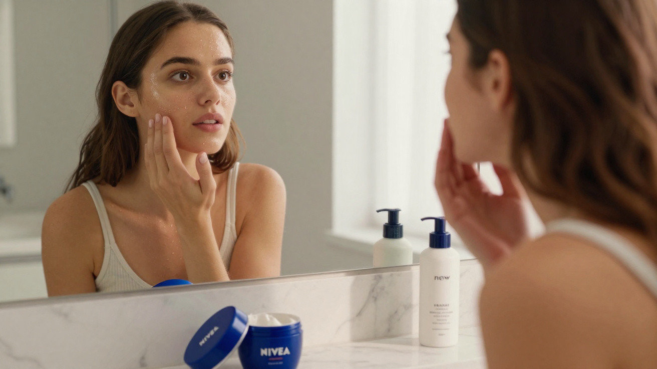 Mulher aplicando creme facial, olhando no espelho em banheiro com produtos Nivea sobre a pia.