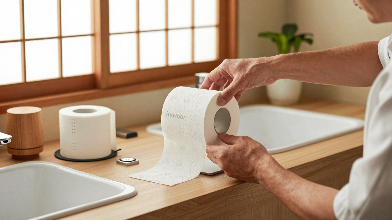Pessoa segurando um rolo de papel higiênico ao lado de outro rolo sobre bancada de banheiro clara.