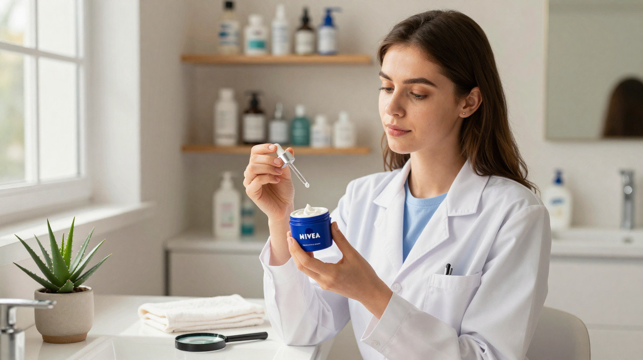 Mulher com jaleco branco segurando frasco e aplicador de creme Nivea em ambiente claro e organizado.
