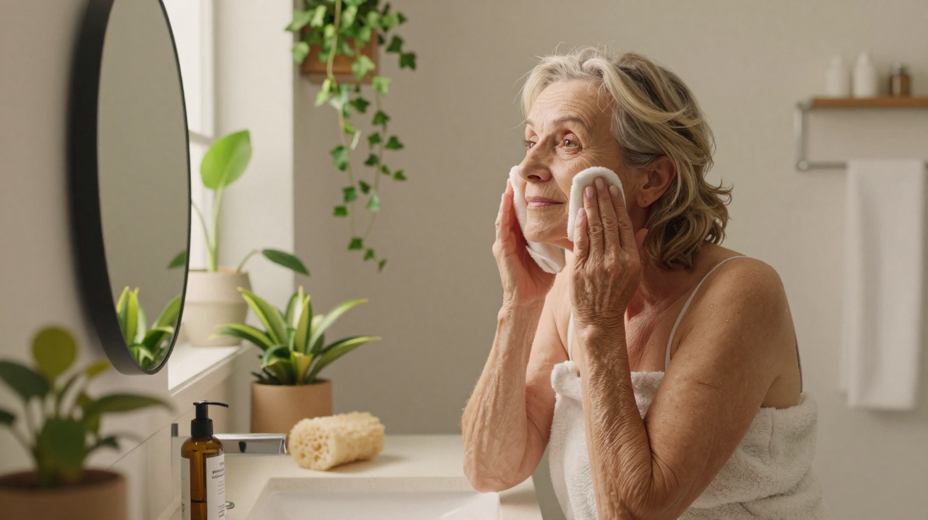 Mulher sorridente aplicando creme no rosto em banheiro claro com toalha no ombro e planta ao fundo.