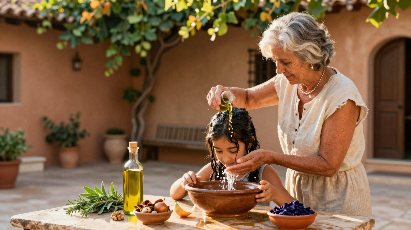 Idosa derramando óleo no cabelo de menina sentada em mesa externa com tigela e ingredientes naturais.
