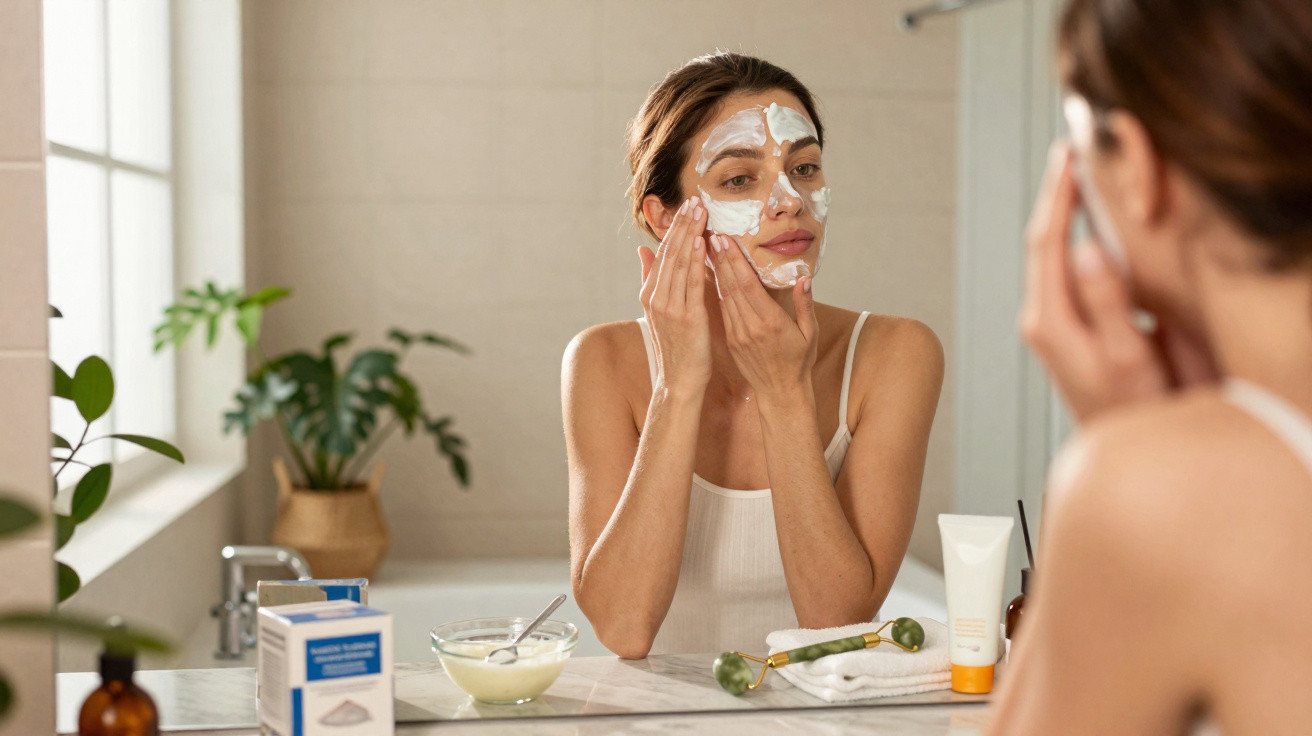 Mulher aplicando creme no rosto em frente ao espelho no banheiro com produtos de skincare sobre a bancada.
