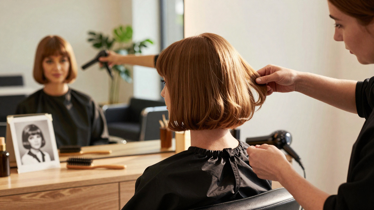 Mulher com cabelo curto castanho claro sentada em frente ao espelho em salão de beleza.