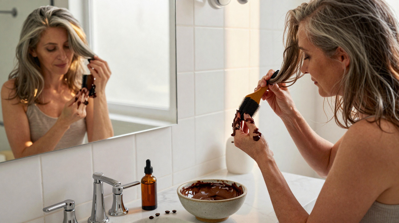 Mulher de meia-idade penteando o cabelo em frente ao espelho no banheiro, com produtos no balcão.