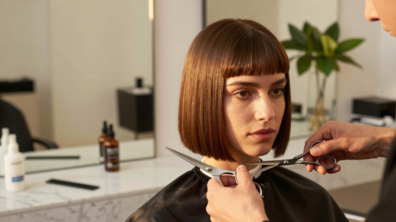 Pessoa com cabelo curto castanho recebendo corte de cabelo em salão moderno e iluminado.