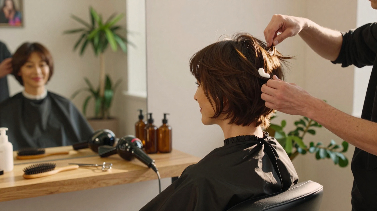 Mulher com cabelo curto sendo arrumada por cabeleireiro em salão de beleza, sentada em cadeira diante do espelho.