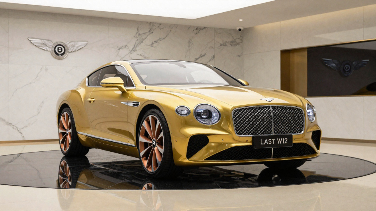 Carro esportivo Bentley Continental GT dourado em exposição, com detalhes em preto e grade frontal grande.