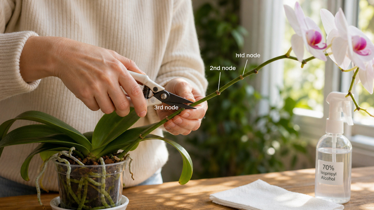 Pessoa podando uma orquídea branca em vaso transparente com tesoura de jardinagem em ambiente interno.