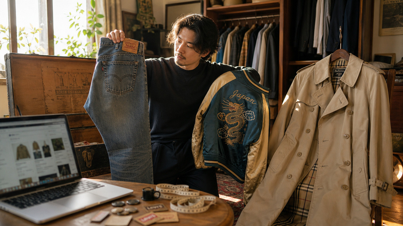 Homem com cabelo escuro examina calça jeans e jaqueta enquanto pesquisa roupas vintage em laptop.