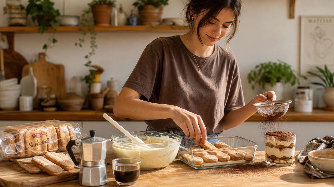 Mulher preparando tiramisu em cozinha rústica com ingredientes e café na mesa de madeira.